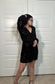 Black short dress with long sleeves and black sequins and long fringe