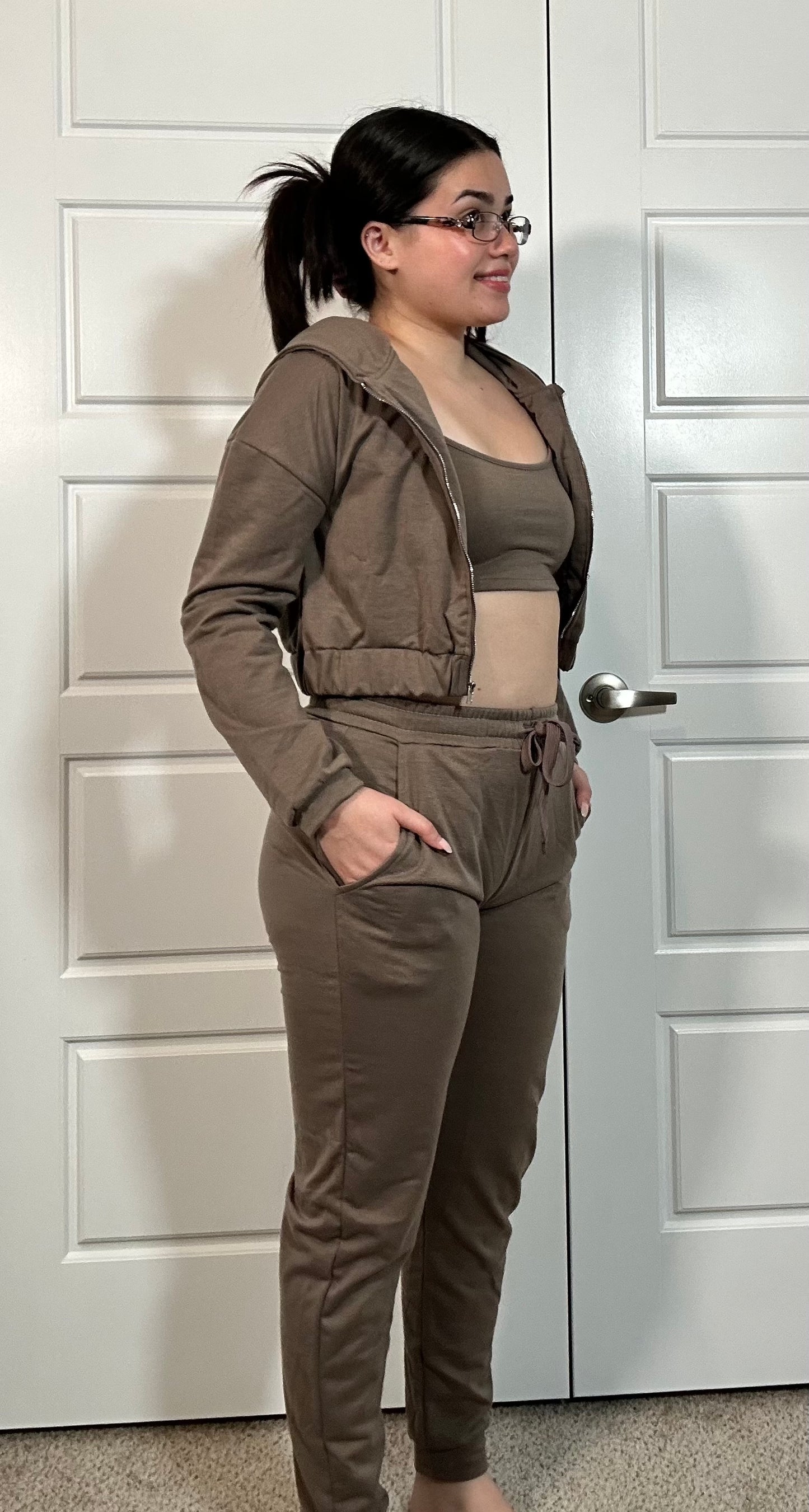 Brown cropped zip up loungewear jacket with matching crop top