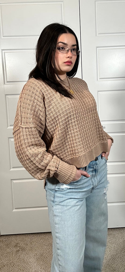 Brown waffle knit pullover sweater