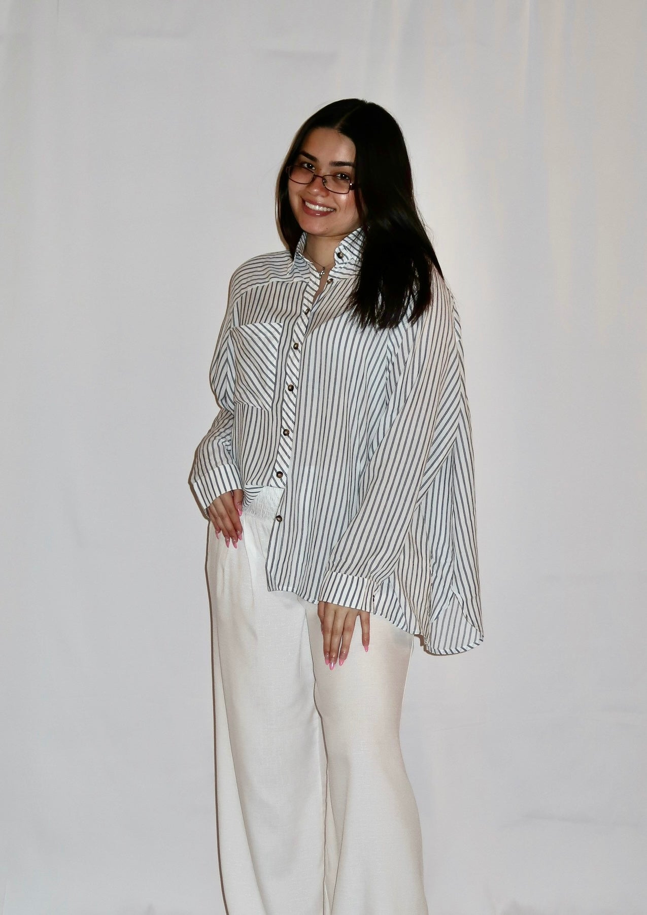 Blue and white button down oversized blouse