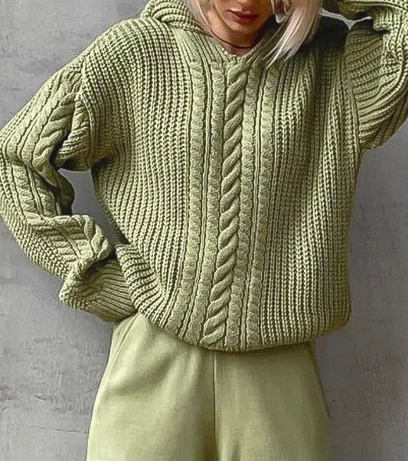 Green chunky knit cable sweater with a hood