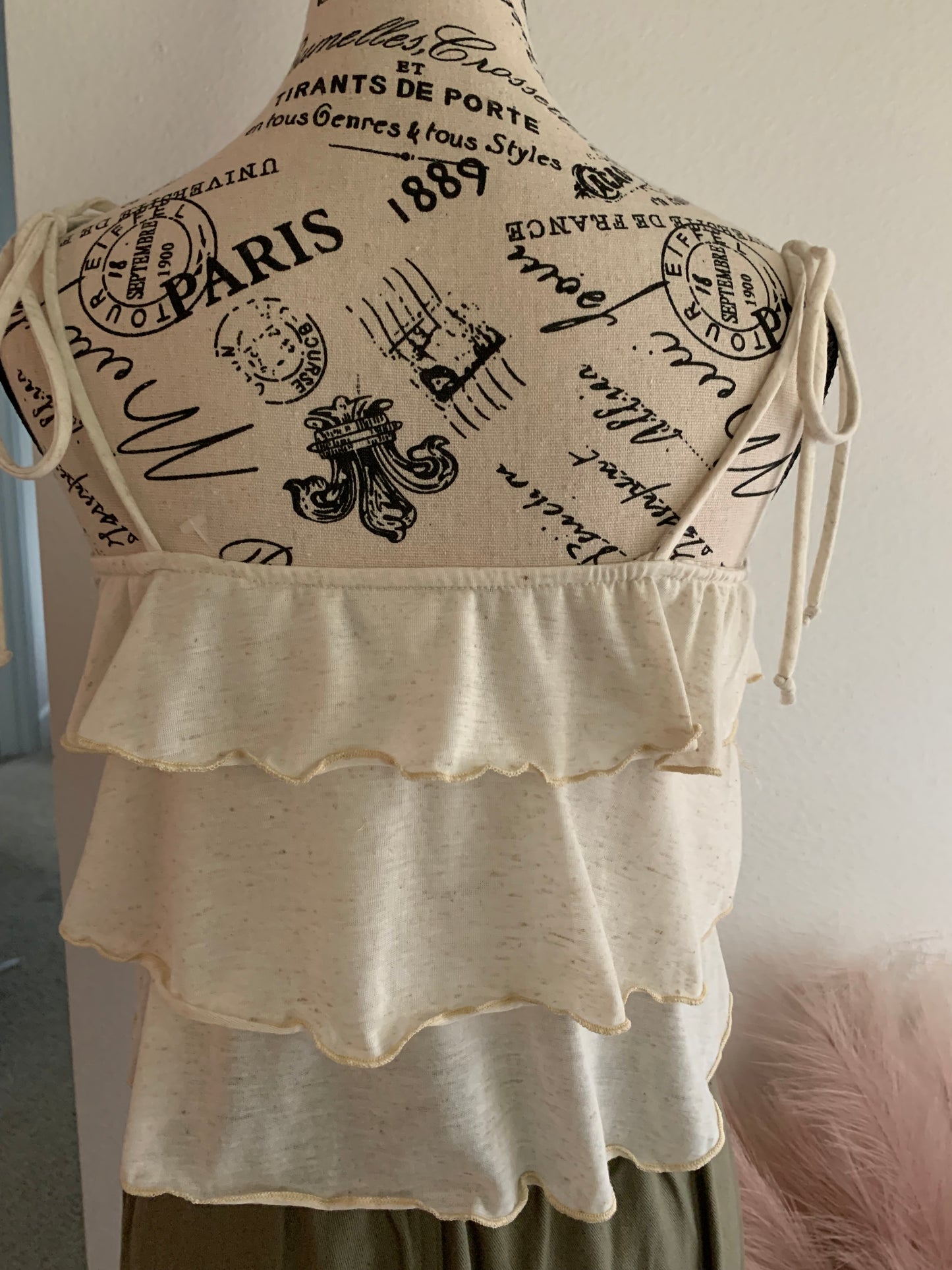 Cream ruffle tank top with spaghetti straps