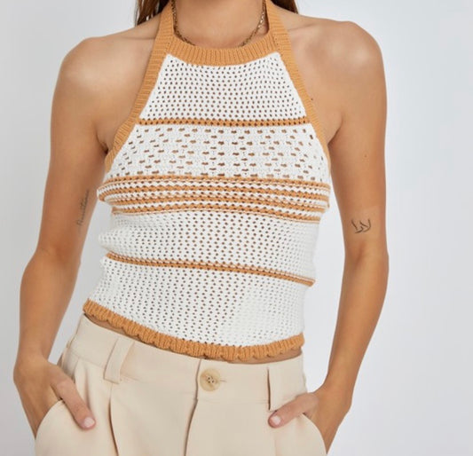 White and orange crocheted halter top