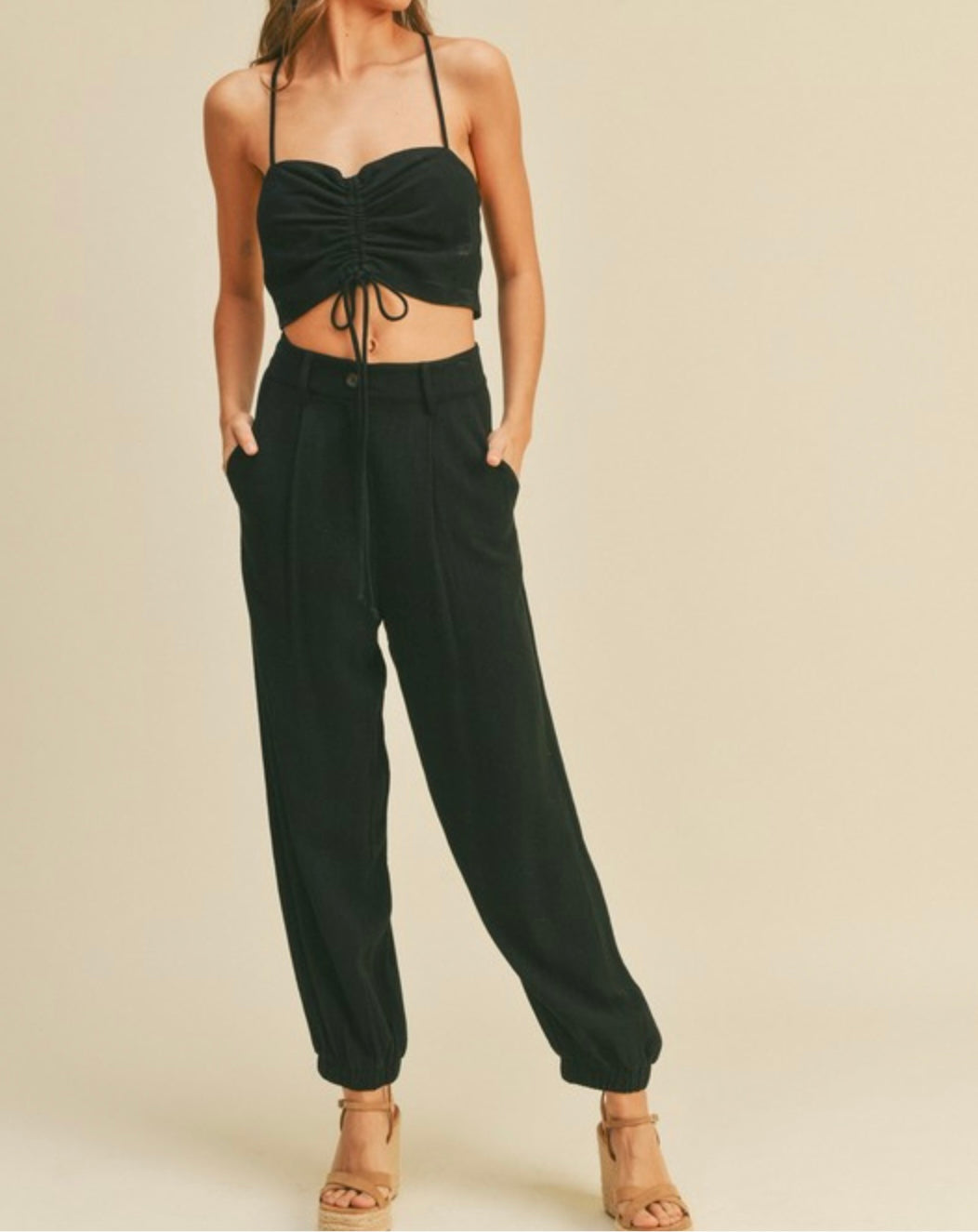 Black Cargo pants for women with elastic ankles 