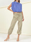 High waisted tan linen blend pants with elastic ankle, drawstring waist, and large pockets