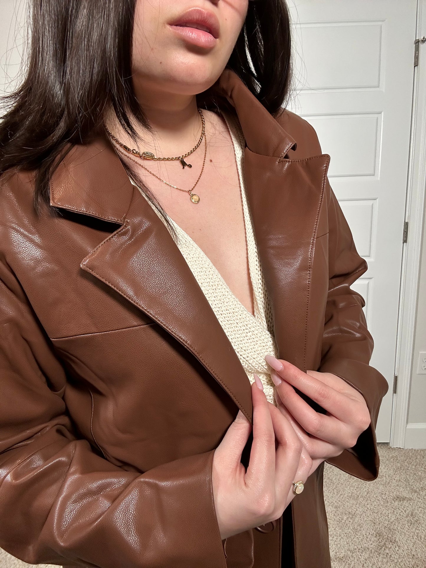 Brown faux leather blazer jacket