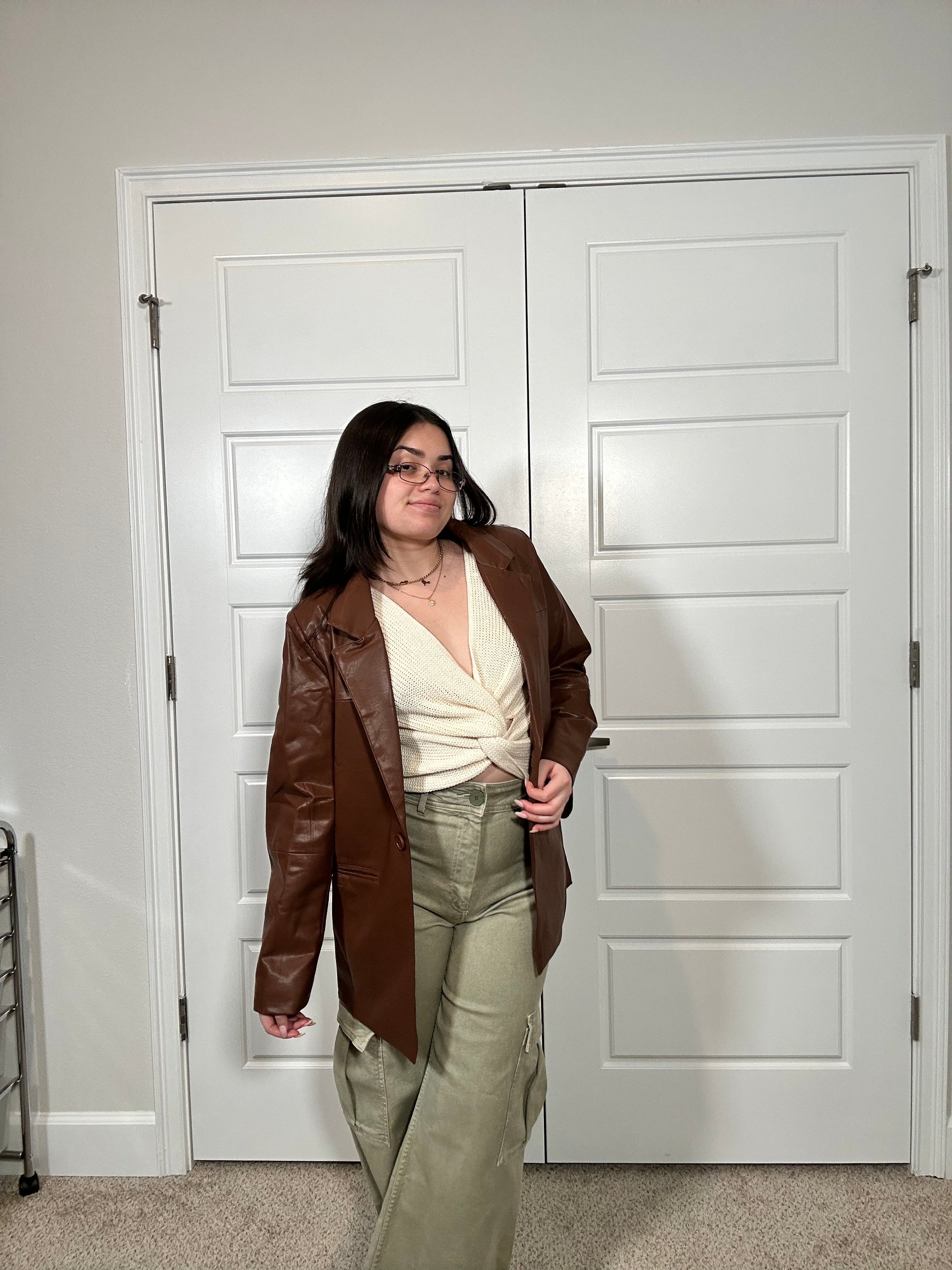 Brown faux leather blazer jacket