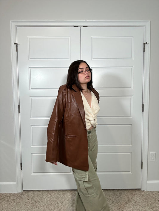 Brown faux leather blazer jacket