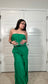 Kelly green strapless jumpsuit with tiered wide legs