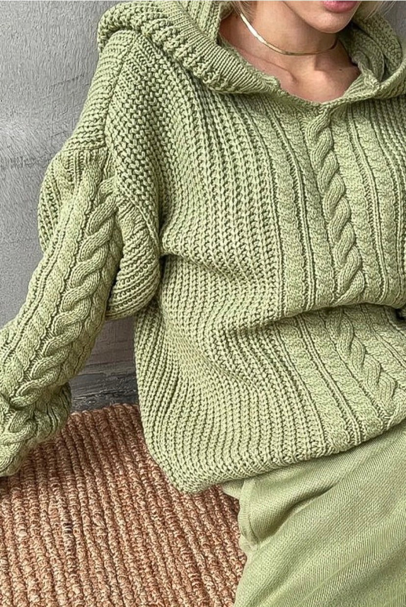 Green chunky knit cable sweater with a hood