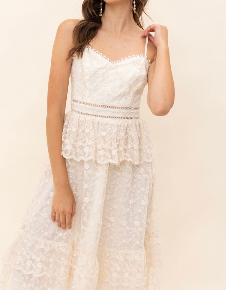 White lace chiffon tea length dress with spaghetti straps and sweetheart neckline