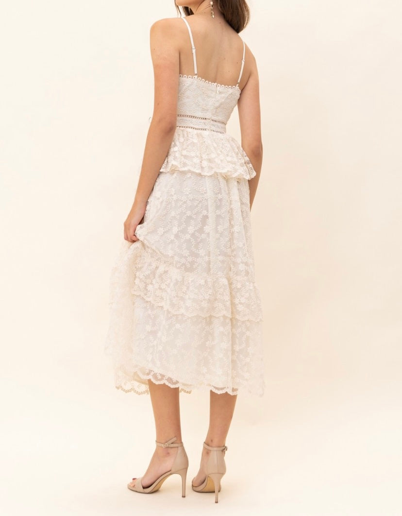 White lace chiffon tea length dress with spaghetti straps and sweetheart neckline