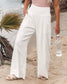 White cotton and hemp material wide leg pants with stretch waistband