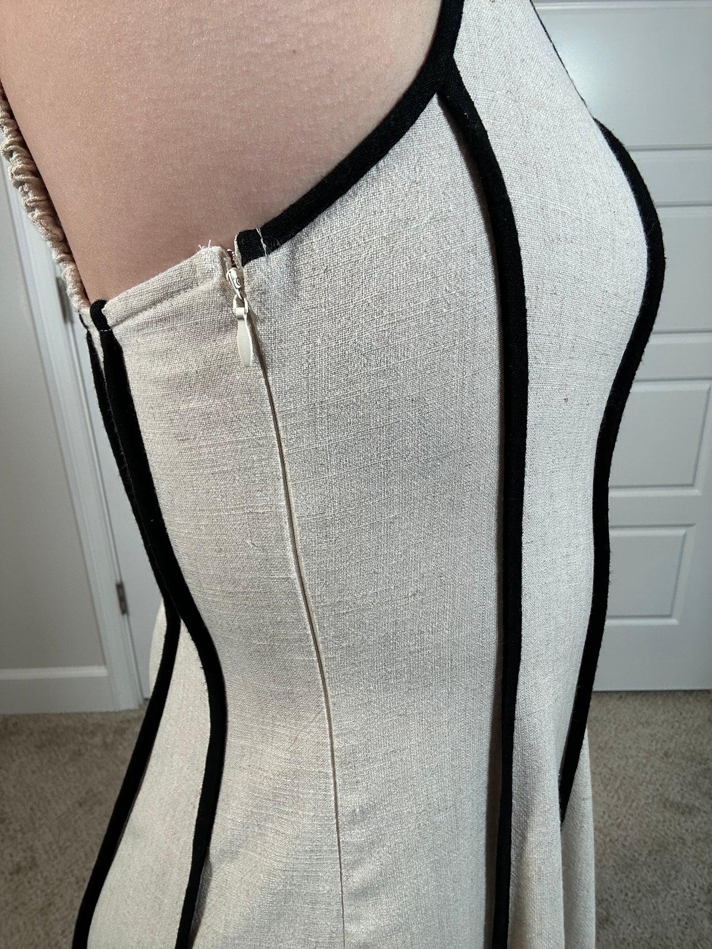 Cream colored linen sleeveless midi dress with black stripes