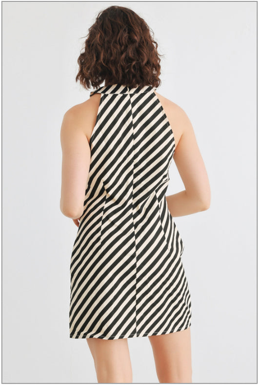 Sleeveless mini dress with black and white diagonal stripes