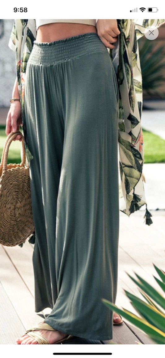 Sage green palazzo wide leg pants with stretch waistband