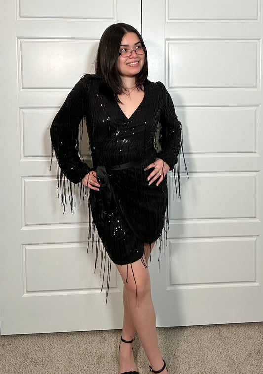 Black short dress with long sleeves and black sequins and long fringe