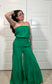 Kelly green strapless jumpsuit with tiered wide legs