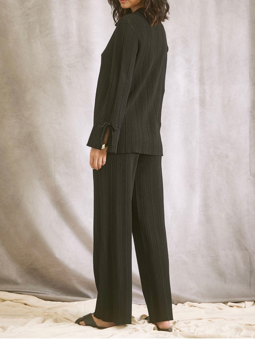 Black textured knit wide leg pants