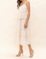 White lace chiffon tea length dress with spaghetti straps and sweetheart neckline