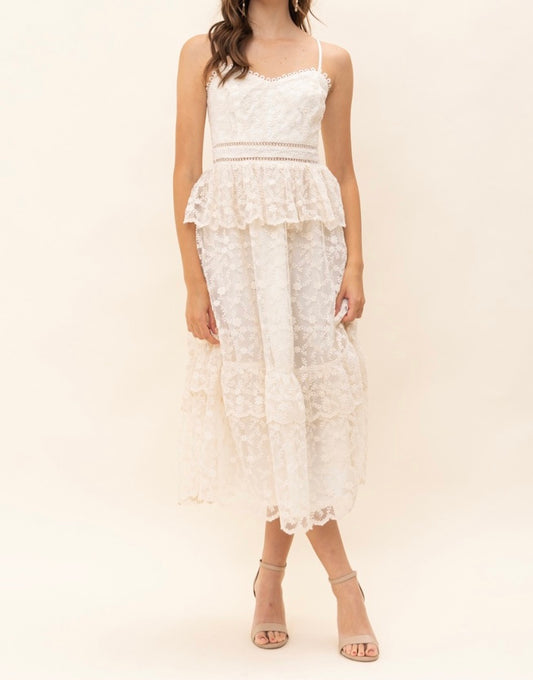 White lace chiffon tea length dress with spaghetti straps and sweetheart neckline